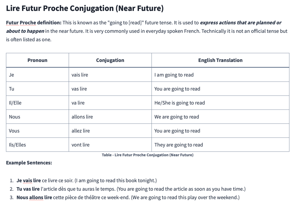 Table - Lire Futur Proche Conjugation (Near Future)