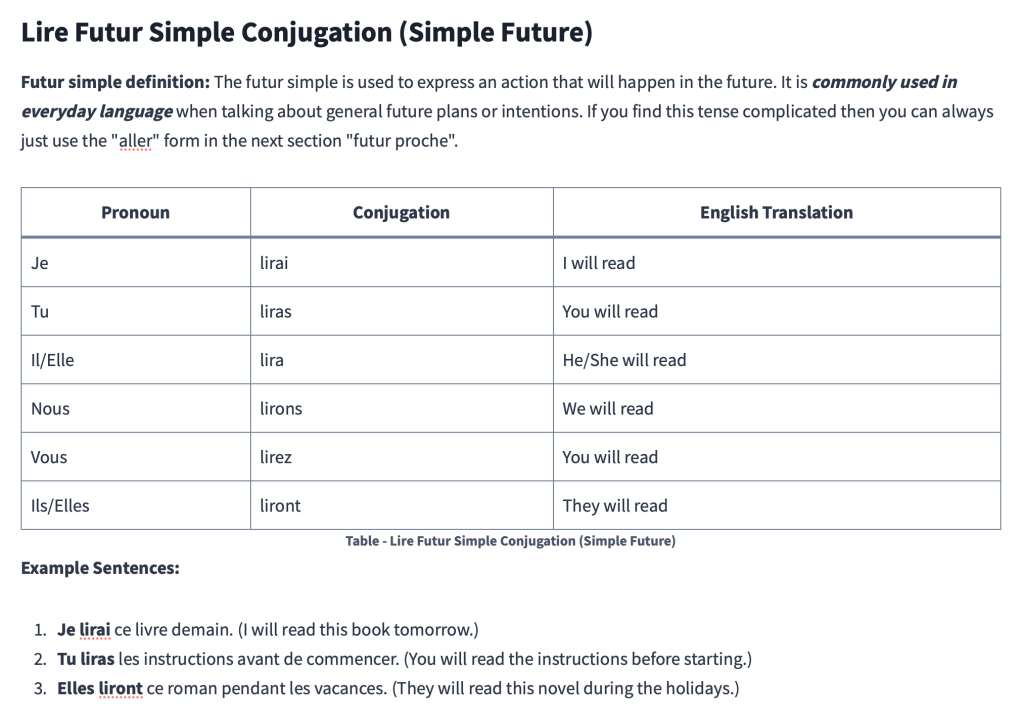Table - Lire Futur Simple Conjugation (Simple Future)