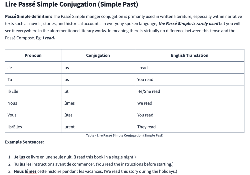 Table - Lire Passé Simple Conjugation (Simple Past)
