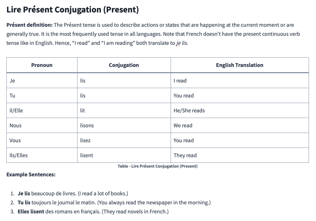 Table - Lire Présent Conjugation (Present)