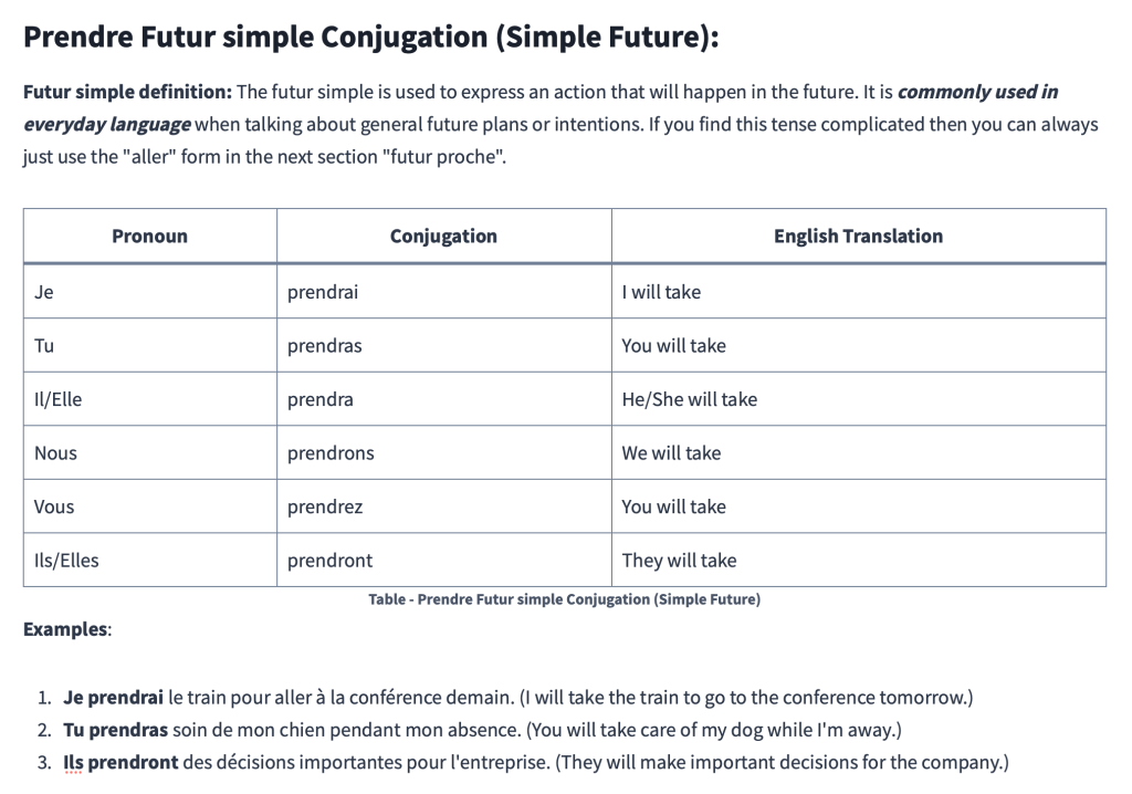 Table - Prendre Futur simple Conjugation (Simple Future)