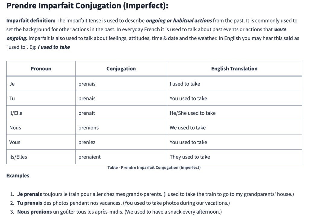 Table - Prendre Imparfait Conjugation (Imperfect)