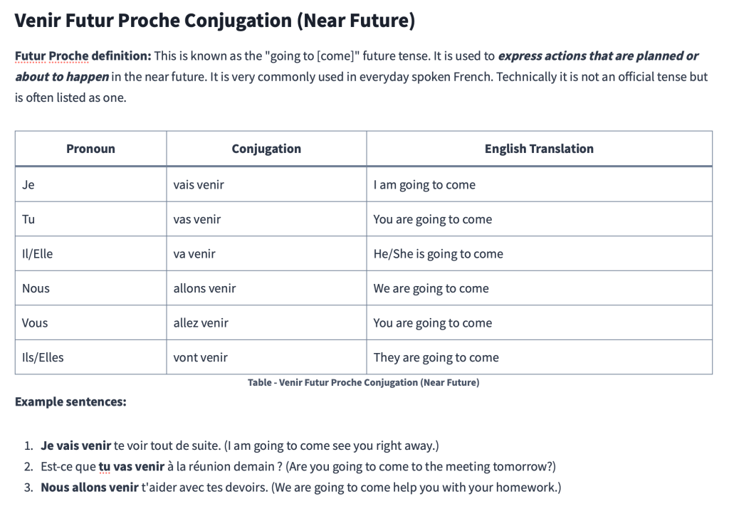 Table - Venir Futur Proche Conjugation (Near Future)