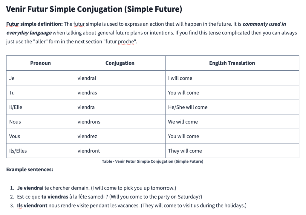 Table - Venir Futur Simple Conjugation (Simple Future)