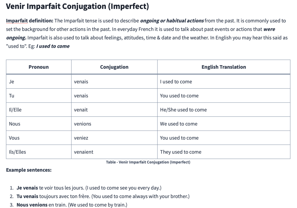 Table - Venir Imparfait Conjugation (Imperfect)