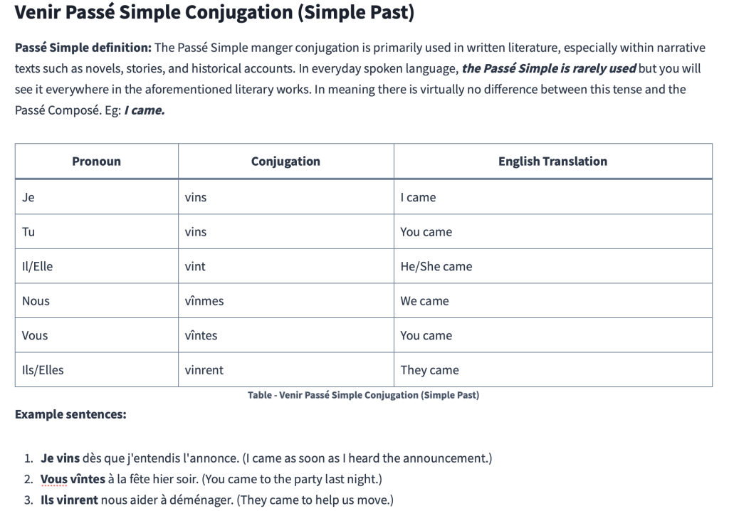 Table - Venir Passé Simple Conjugation (Simple Past)