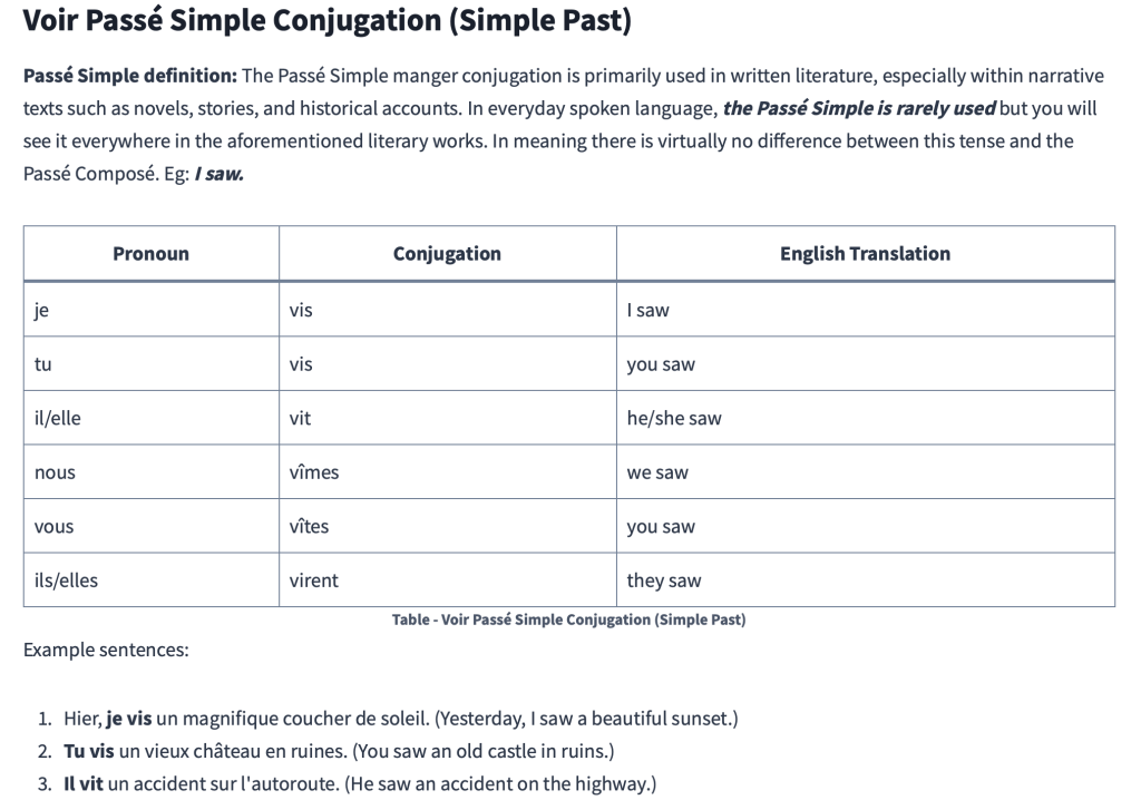 Table - Voir Passé Simple Conjugation (Simple Past)
