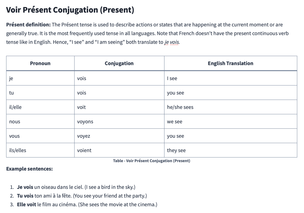 Table - Voir Présent Conjugation (Present)